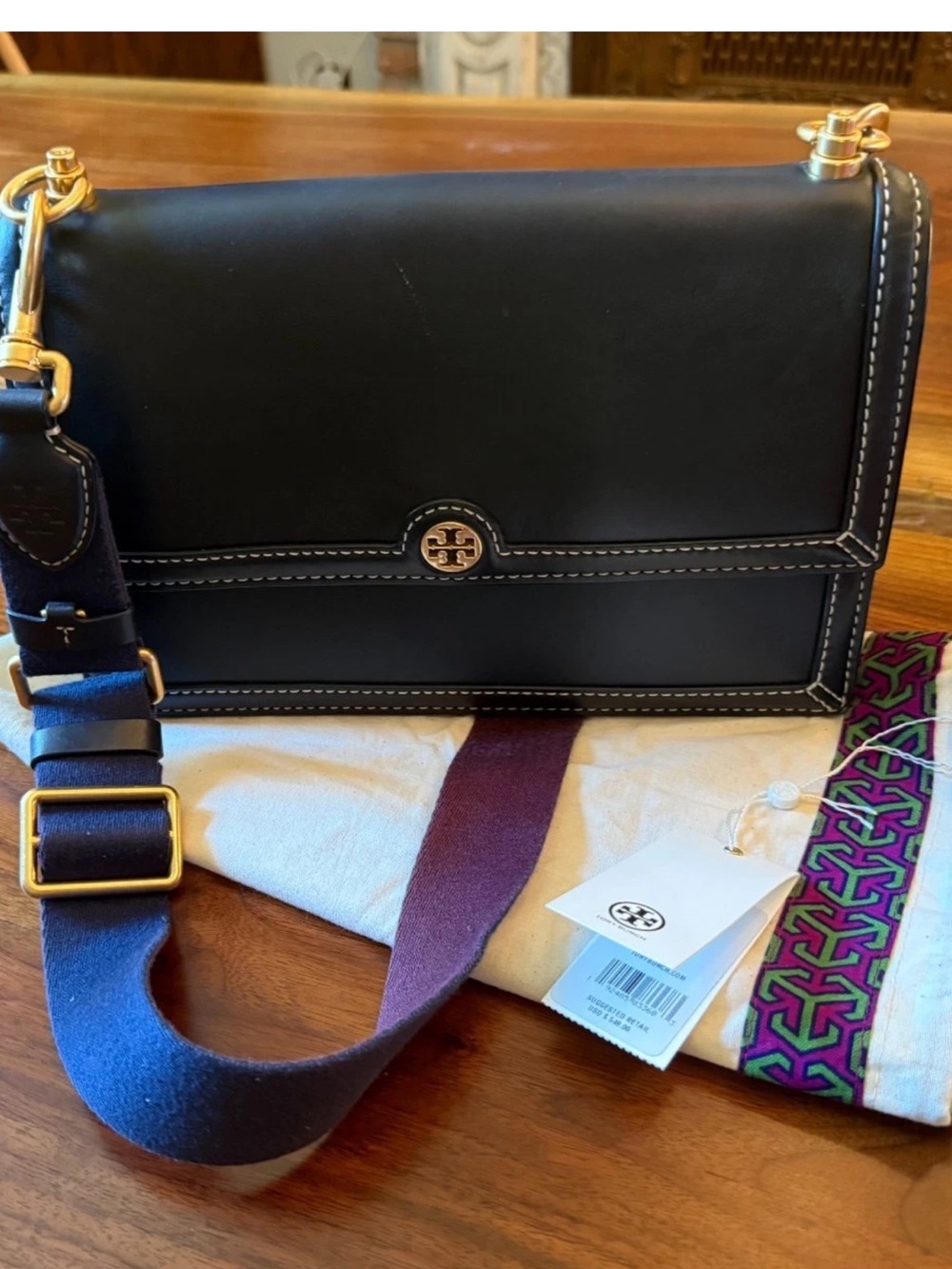 Tory Burch Black Leather Crossbody midnight blue with Multicolor Webbing Strap